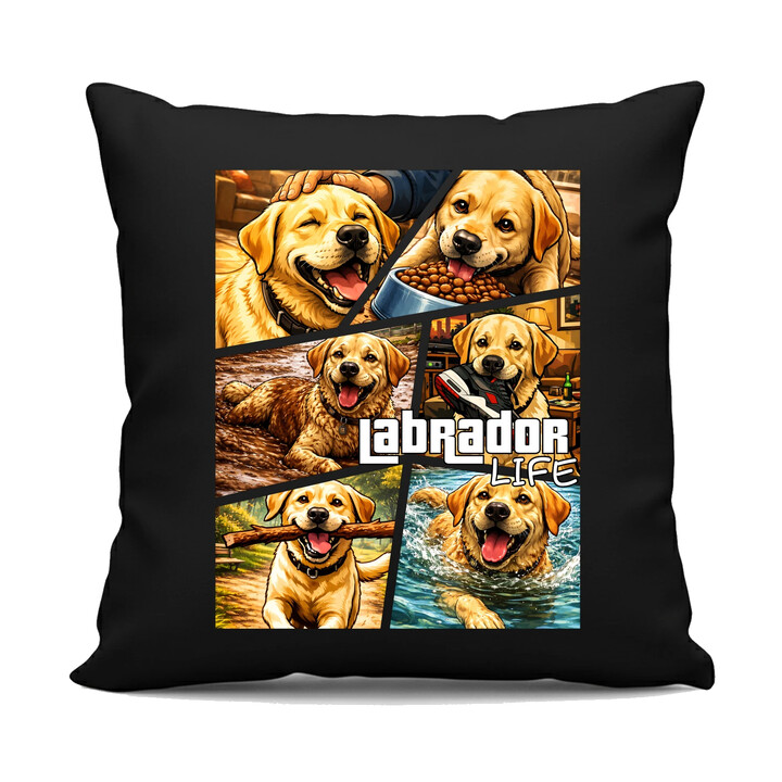 Labrador life - černý polštář s potiskem