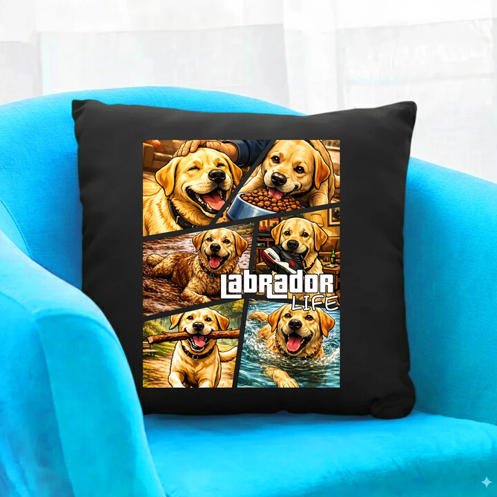 Labrador life - černý polštář s potiskem