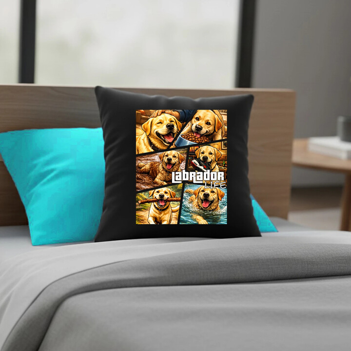 Labrador life - černý polštář s potiskem