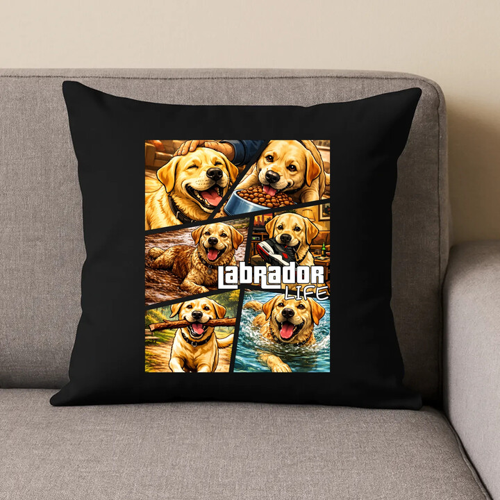 Labrador life - černý polštář s potiskem