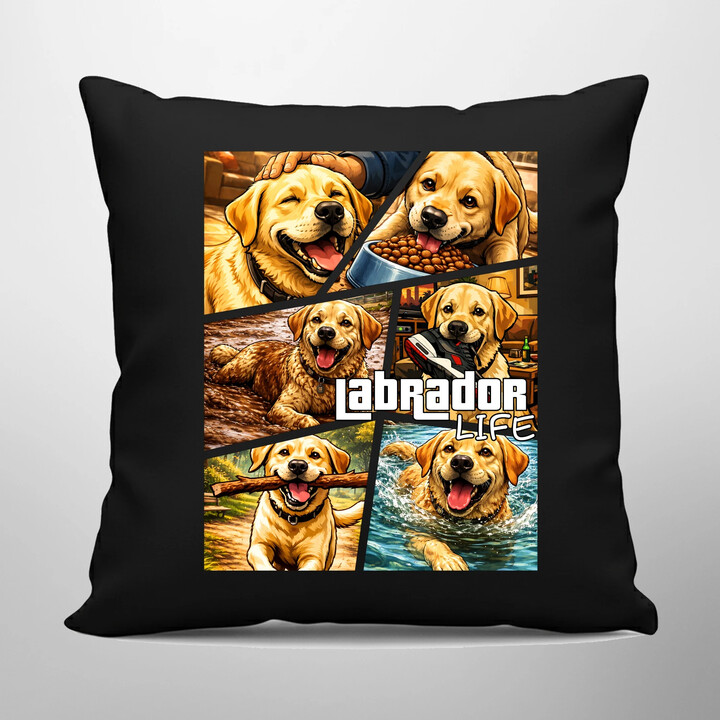 Labrador life - černý polštář s potiskem