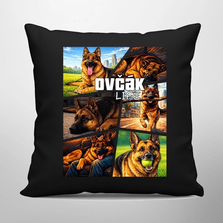 Ovčák Life - černý polštář s potiskem