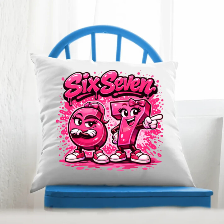 Six seven - 67 - růžová verze - polštář s potiskem