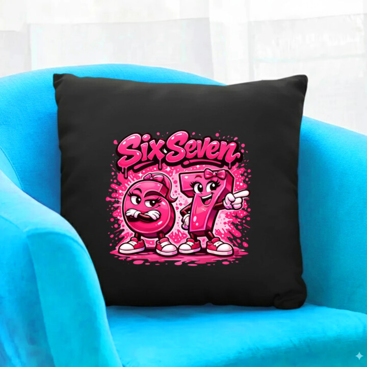 Six seven - 67 - růžová verze - černý polštář s potiskem