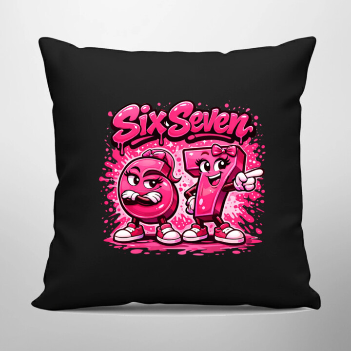 Six seven - 67 - růžová verze - černý polštář s potiskem