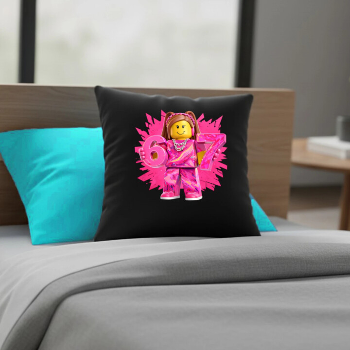 67 - Six Seven - verze pro dívku – inspirováno Robloxem - černý polštář s potiskem