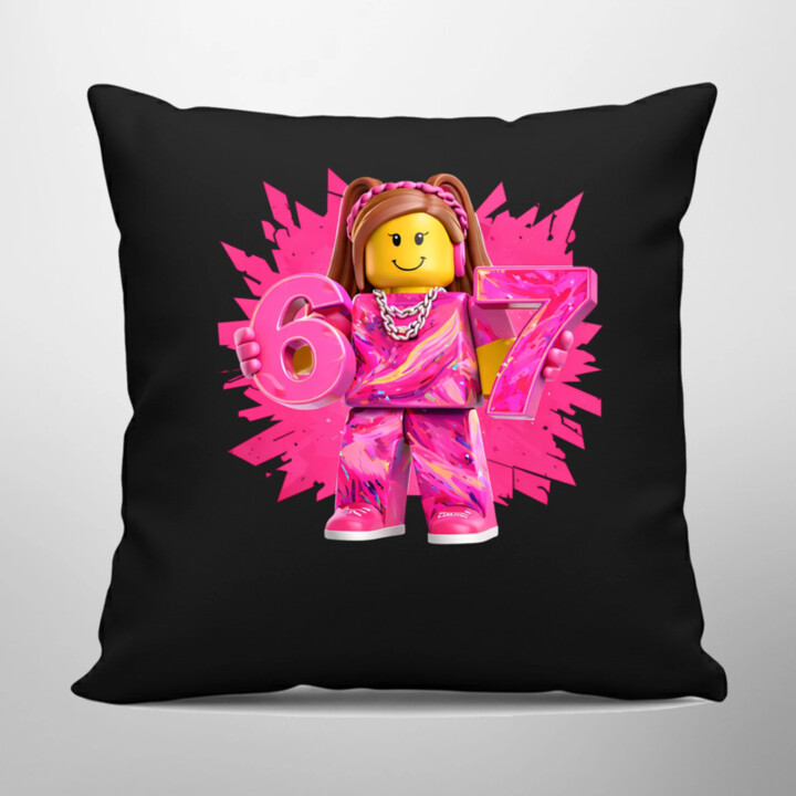 67 - Six Seven - verze pro dívku – inspirováno Robloxem - černý polštář s potiskem