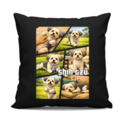 shih tzu life - černý polštář s potiskem