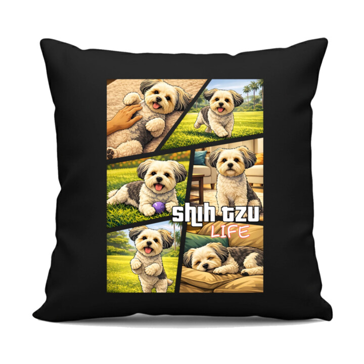 shih tzu life - černý polštář s potiskem