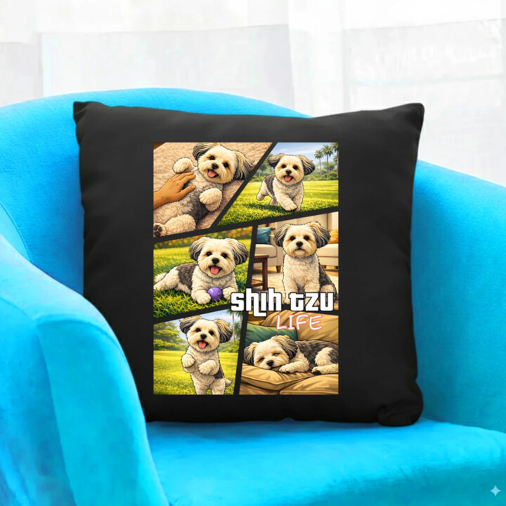 shih tzu life - černý polštář s potiskem