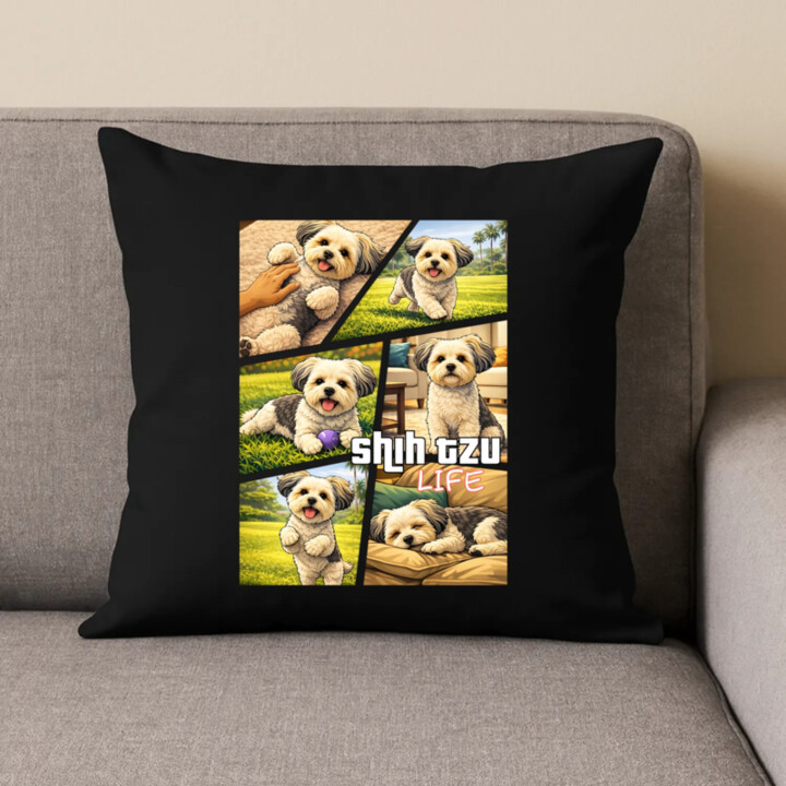 shih tzu life - černý polštář s potiskem