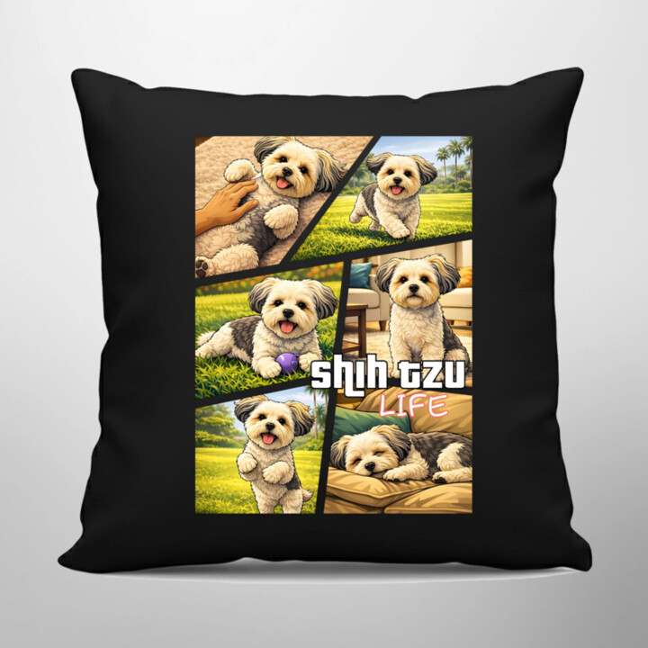 shih tzu life - černý polštář s potiskem