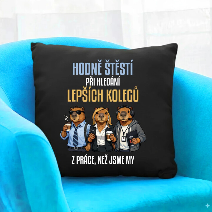 Hodně štěstí při hledání lepších kolegů z práce - černý polštář s potiskem
