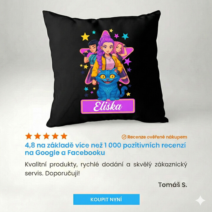 Rumi, Mira i Zoey - Huntrix - vložte jméno  - černý polštář s potiskem pro fanoušky kpop demon hunters - personalizovaný produkt