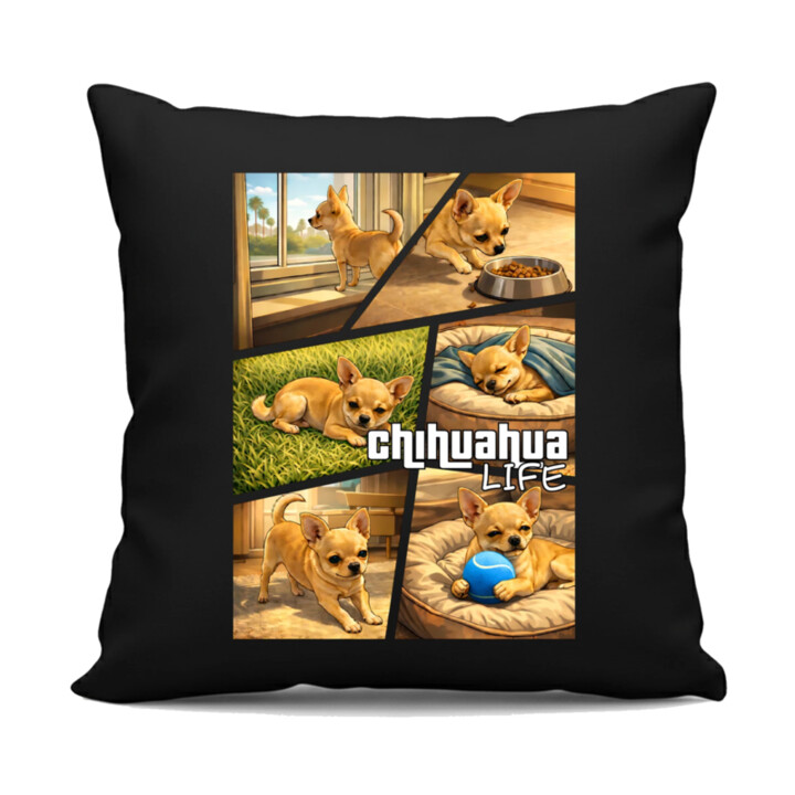 Chihuahua life - černý polštář s potiskem