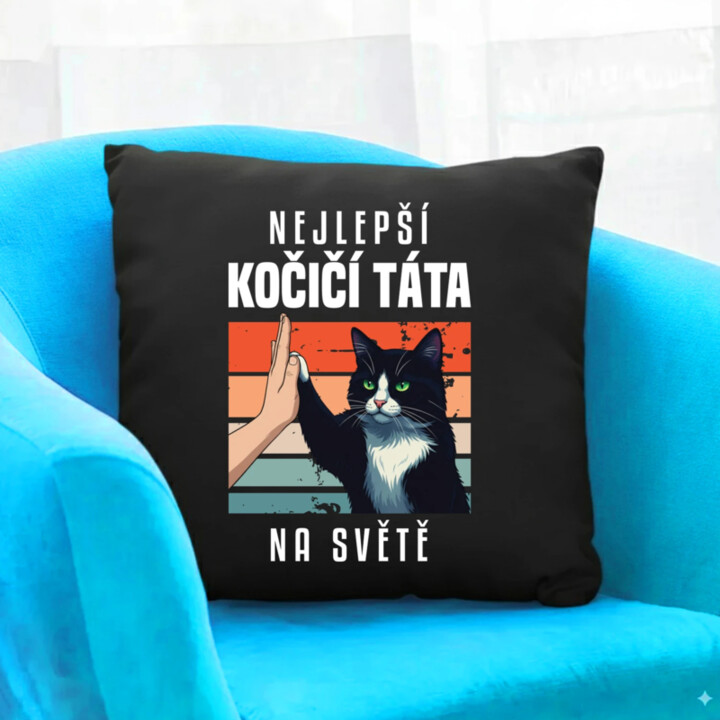 Nejlepší kočičí táta na světě - černý polštář s potiskem