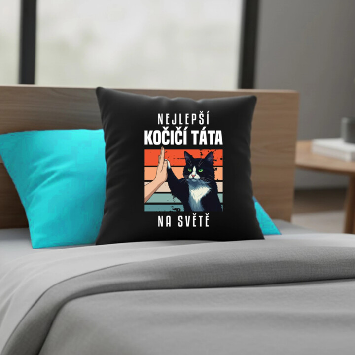 Nejlepší kočičí táta na světě - černý polštář s potiskem