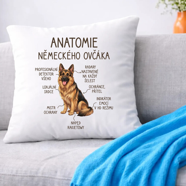 Anatomie německého ovčáka - polštář s potiskem