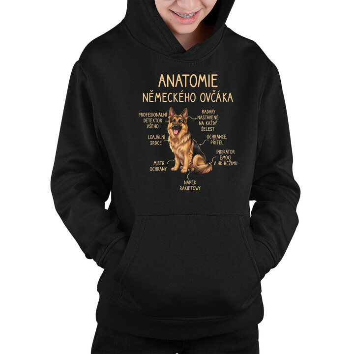 Anatomie německého ovčáka - dětská mikina s kapucí