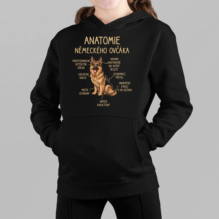 Anatomie německého ovčáka - dětská mikina s kapucí