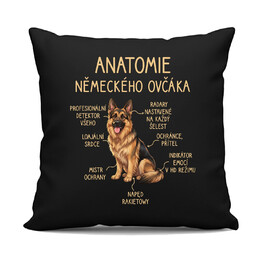 Anatomie německého ovčáka - černý polštář s potiskem