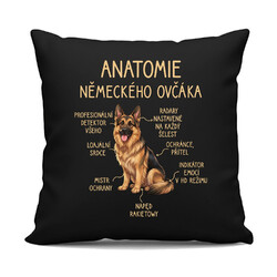 Anatomie německého ovčáka - černý polštář s potiskem