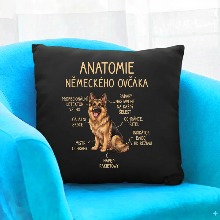Anatomie německého ovčáka - černý polštář s potiskem