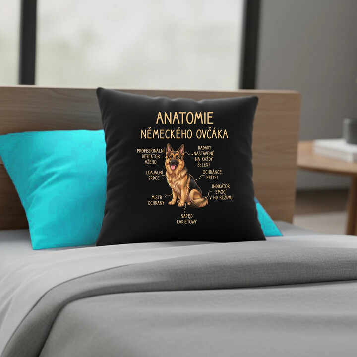Anatomie německého ovčáka - černý polštář s potiskem