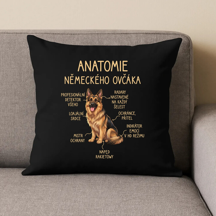 Anatomie německého ovčáka - černý polštář s potiskem