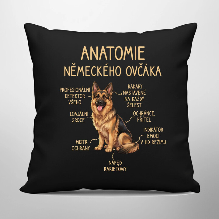 Anatomie německého ovčáka - černý polštář s potiskem