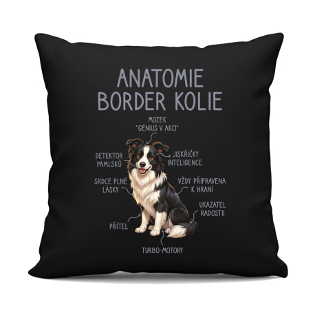Anatomie border kolie - černý polštář s potiskem
