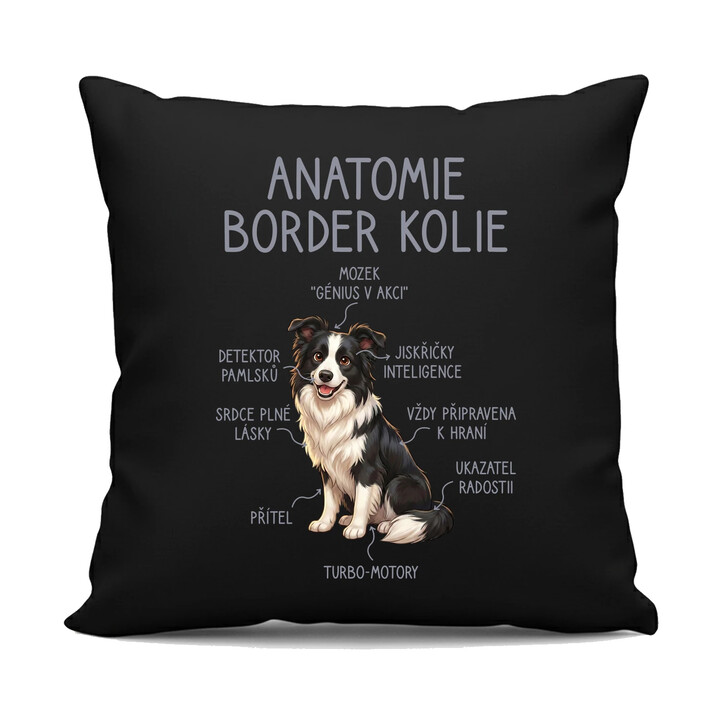 Anatomie border kolie - černý polštář s potiskem