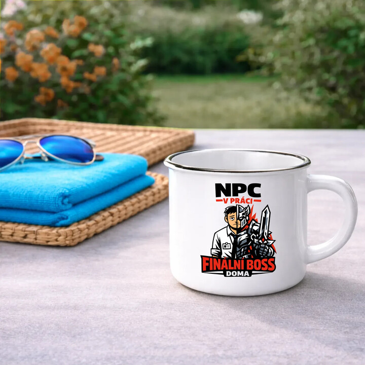 NPC v práci, finální boss doma  - keramický smaltovaný hrneček s potiskem