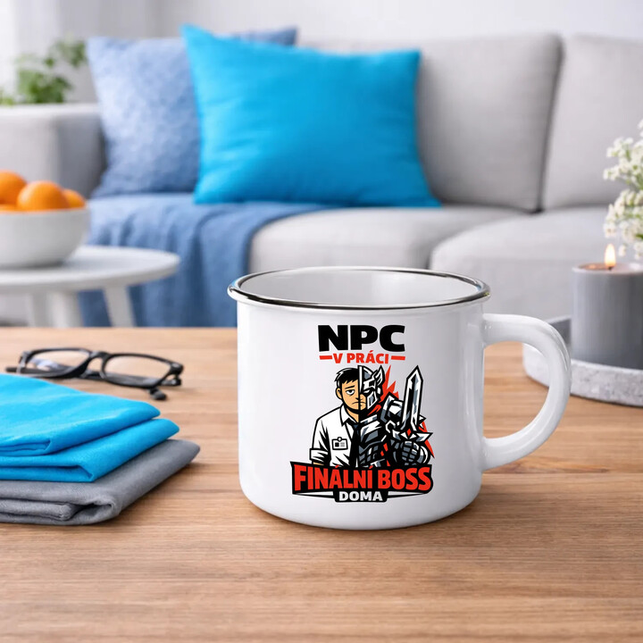 NPC v práci, finální boss doma  - keramický smaltovaný hrneček s potiskem