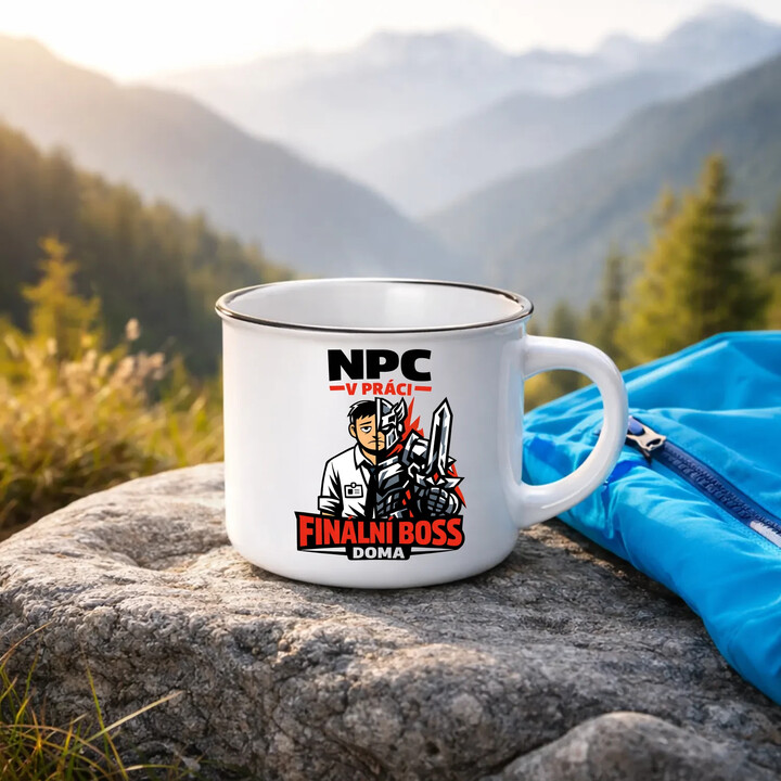 NPC v práci, finální boss doma  - keramický smaltovaný hrneček s potiskem