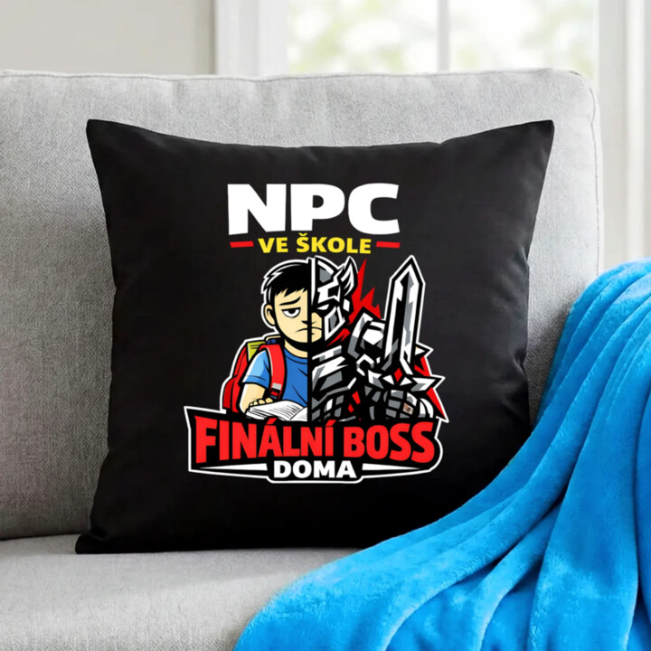 NPC ve škole, finální boss doma - černý polštář s potiskem