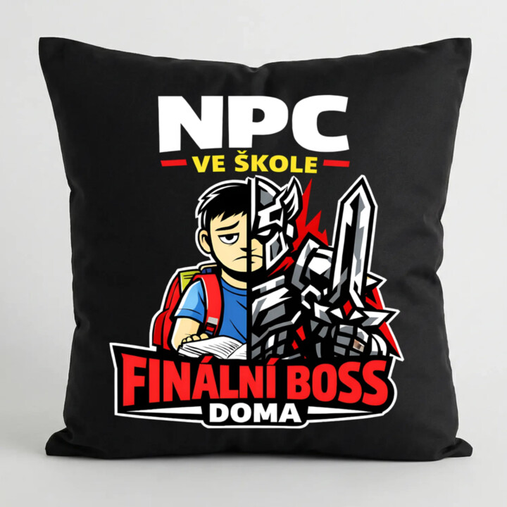 NPC ve škole, finální boss doma - černý polštář s potiskem