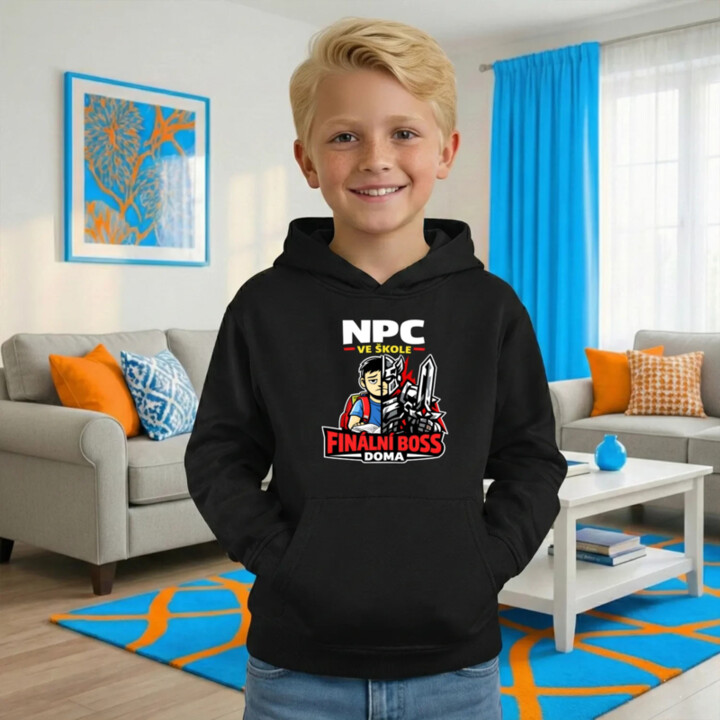NPC ve škole, finální boss doma - dětská mikina s kapucí