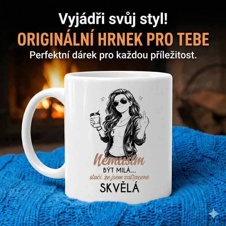 Nemusím být milá… stačí, že jsem zatraceně skvělá - hrnek s potiskem