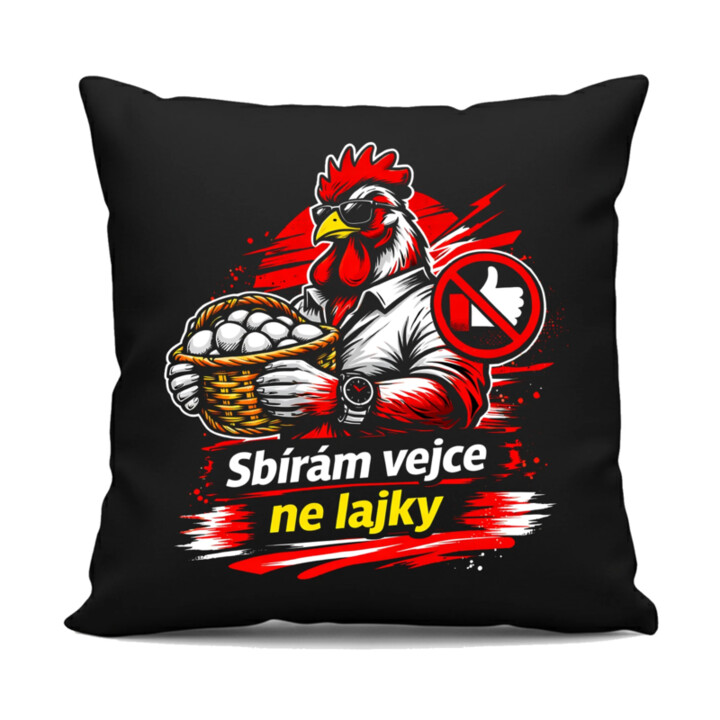 Sbírám vejce, ne lajky - černý polštář s potiskem