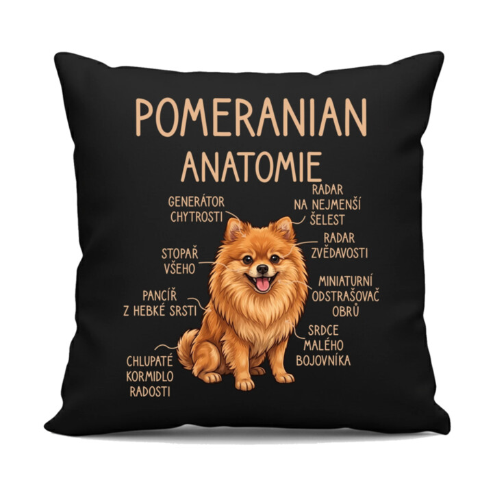 Pomeranian – anatomie - černý polštář s potiskem