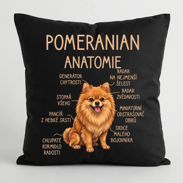 Pomeranian – anatomie - černý polštář s potiskem
