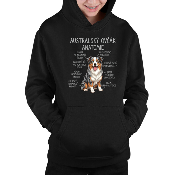 Australský ovčák - anatomie - dětská mikina s kapucí