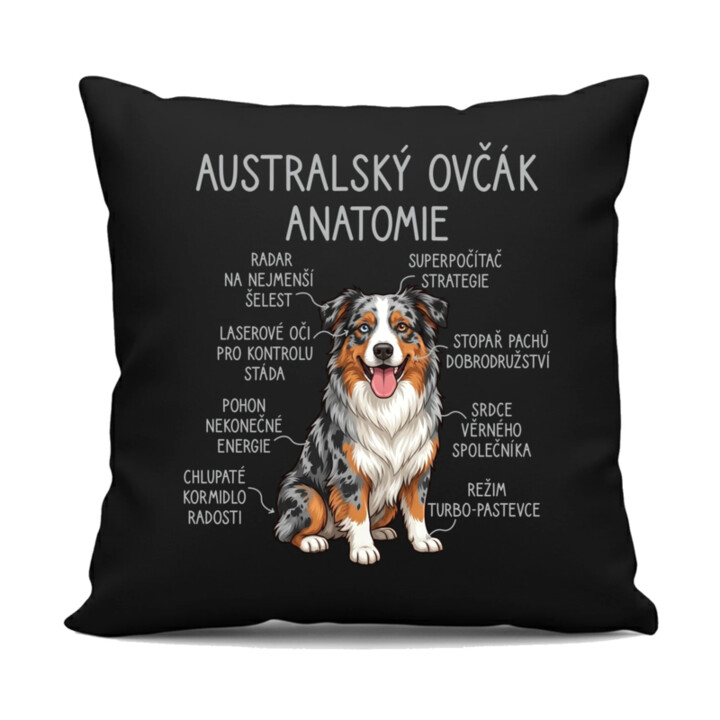 Australský ovčák - anatomie - černý polštář s potiskem