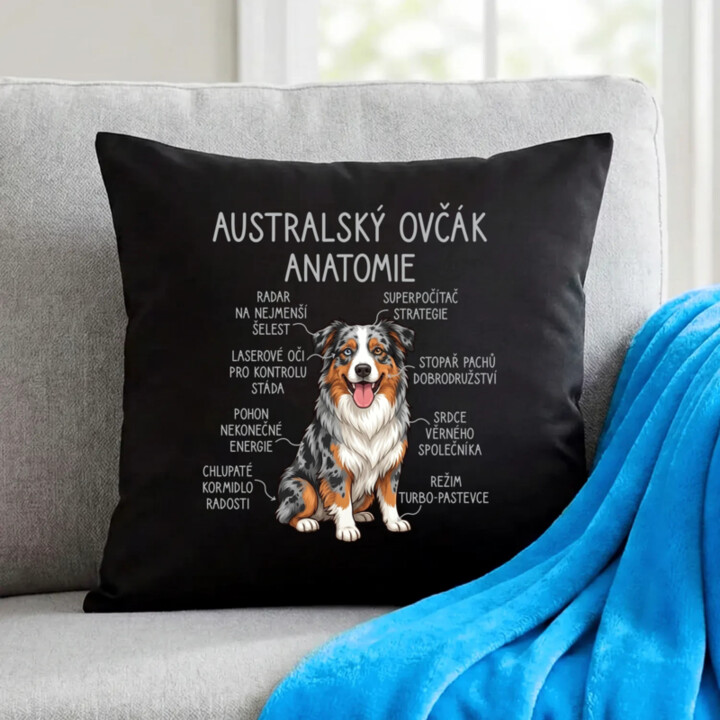 Australský ovčák - anatomie - černý polštář s potiskem