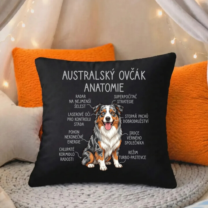 Australský ovčák - anatomie - černý polštář s potiskem