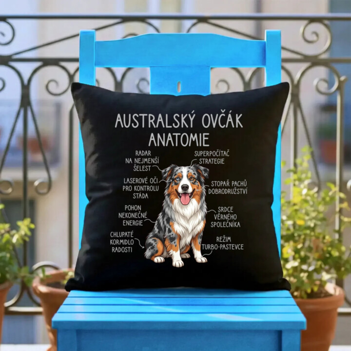 Australský ovčák - anatomie - černý polštář s potiskem