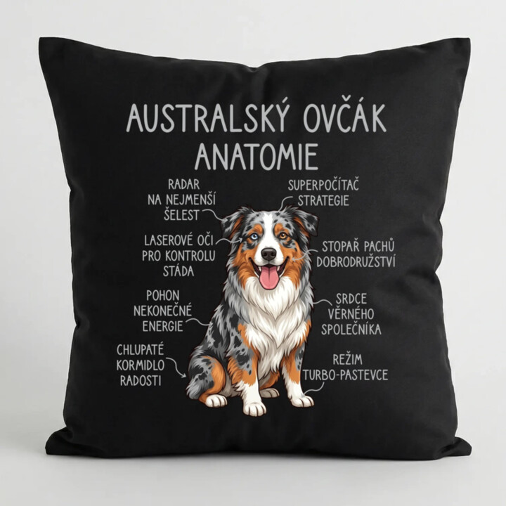 Australský ovčák - anatomie - černý polštář s potiskem