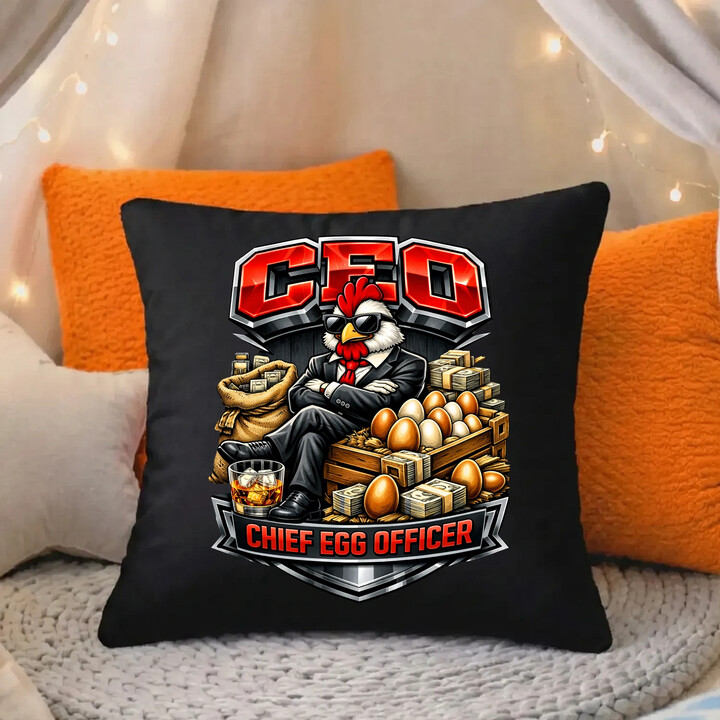 CEO: Chief Egg Officer - černý polštář s potiskem