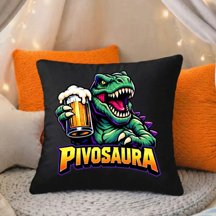 Pivosaura - černý polštář s potiskem